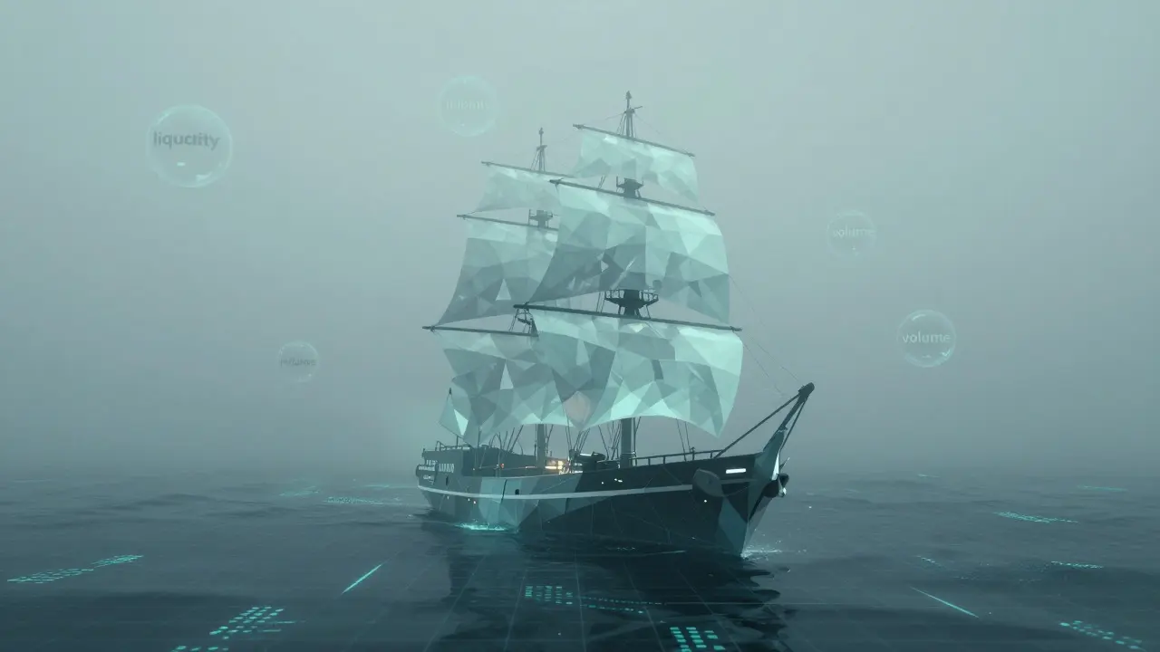 Low poly ghost ship sailing through a foggy digital data ocean