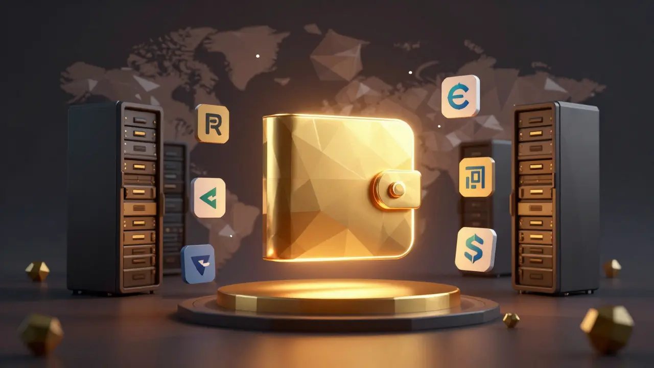 Low poly golden hardware wallet secured away from exchange servers