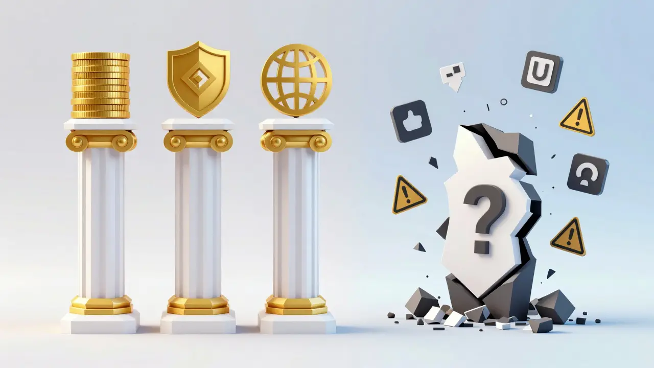 Low poly graphic comparing stable, secure pillars of legit exchanges against a crumbling, fraudulent platform.