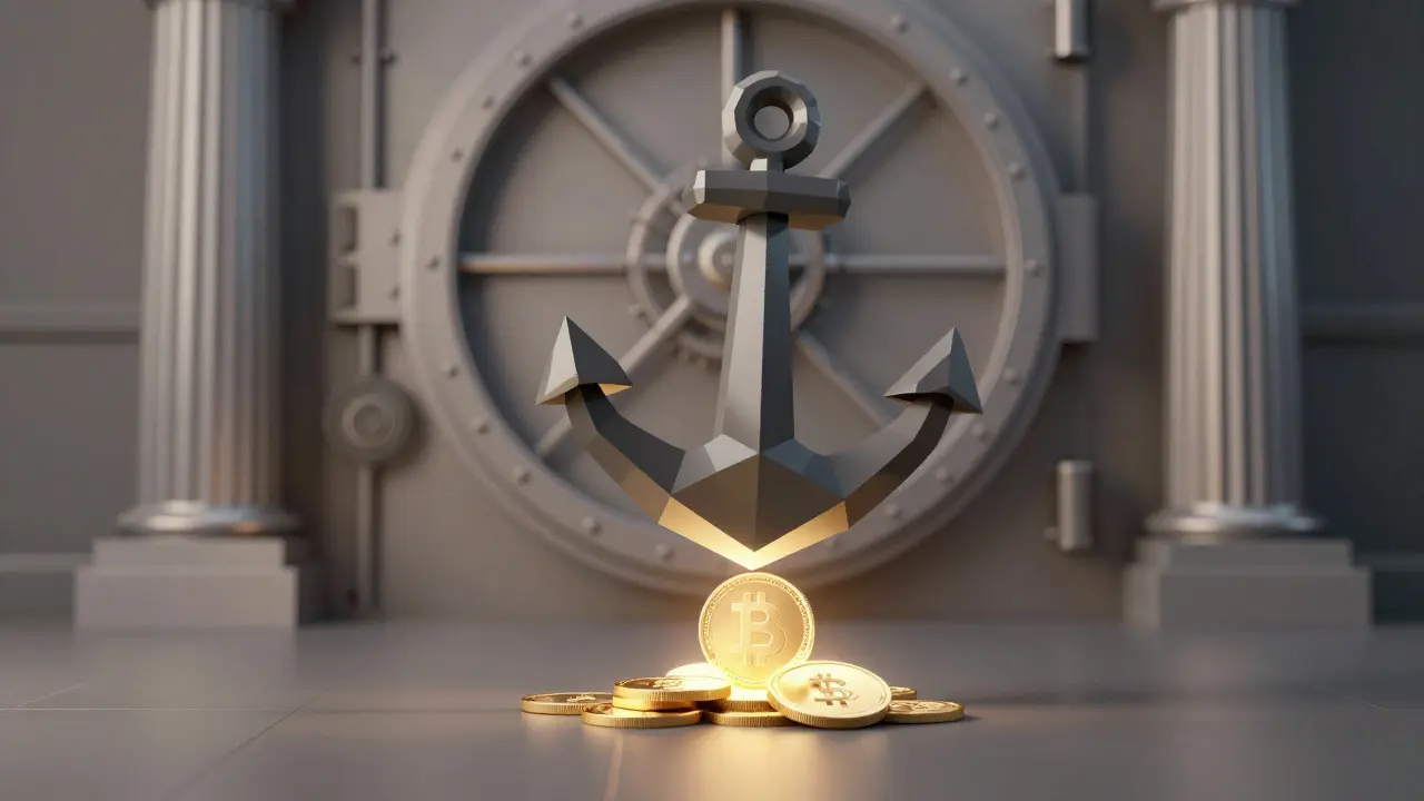 Low poly graphic of a heavy weight pressing on a digital coin