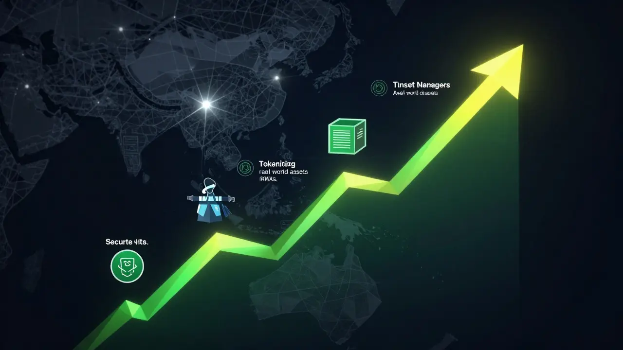 Low poly graphic showing rising institutional crypto assets and RWA funds in HK