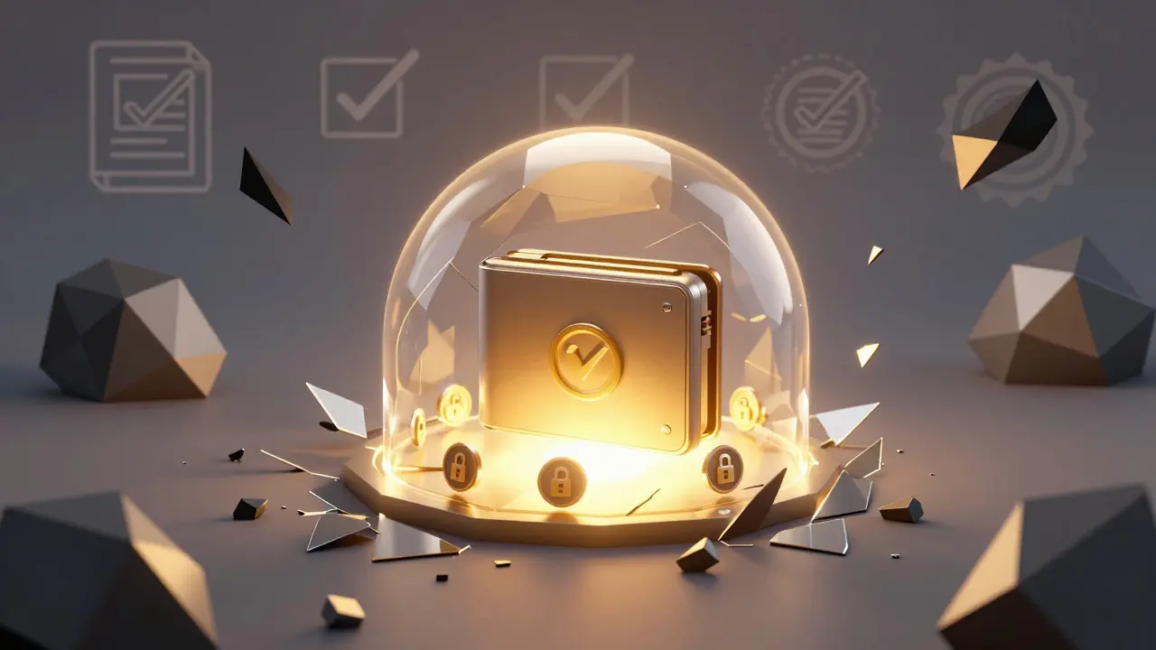 Low poly hardware wallet emitting golden light protecting tokens from threats