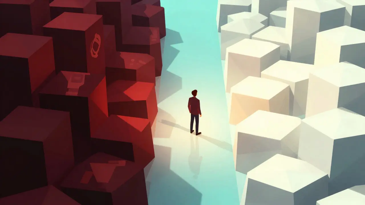 Low poly illustration contrasting dark restricted zones with bright crypto hubs