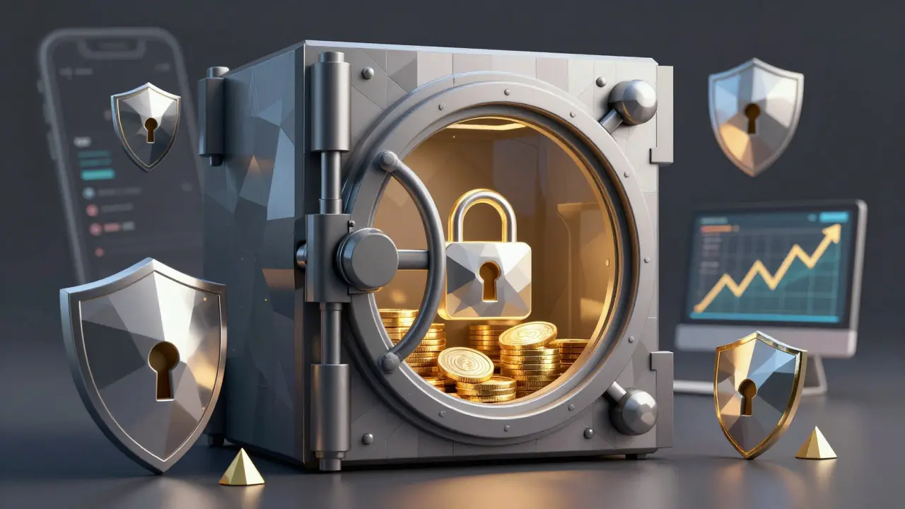 Low poly illustration of a digital vault securing cryptocurrencies with safety shields.