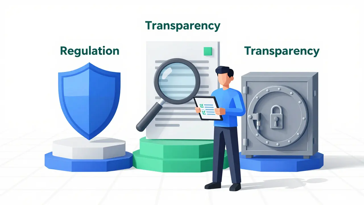 Low poly illustration of a person checking security pillars like shields and locks for safe trading.