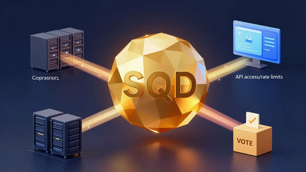 Low poly illustration of SQD token powering node rewards, API access, and governance.