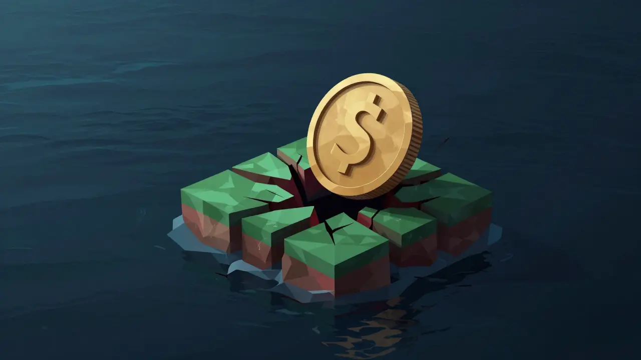 Low poly illustration showing a fragile liquidity pool cracking under pressure.