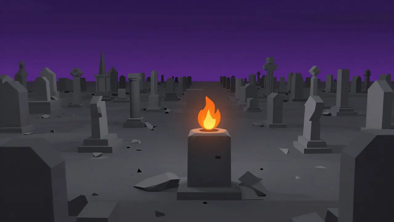 Low poly scene of a graveyard of failed coins with one small surviving flame.
