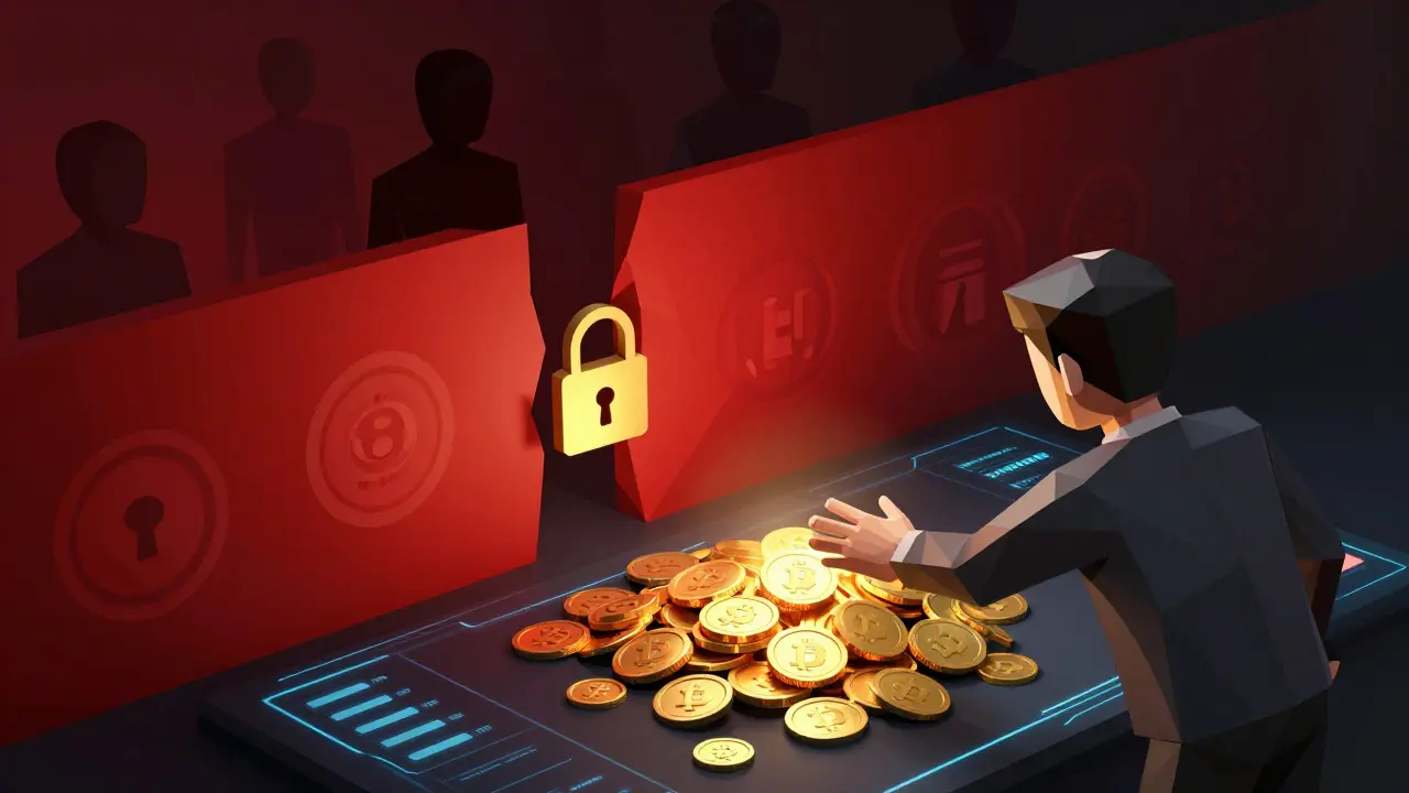 Low poly scene showing a blocked withdrawal path with red walls, representing a crypto scam trap.