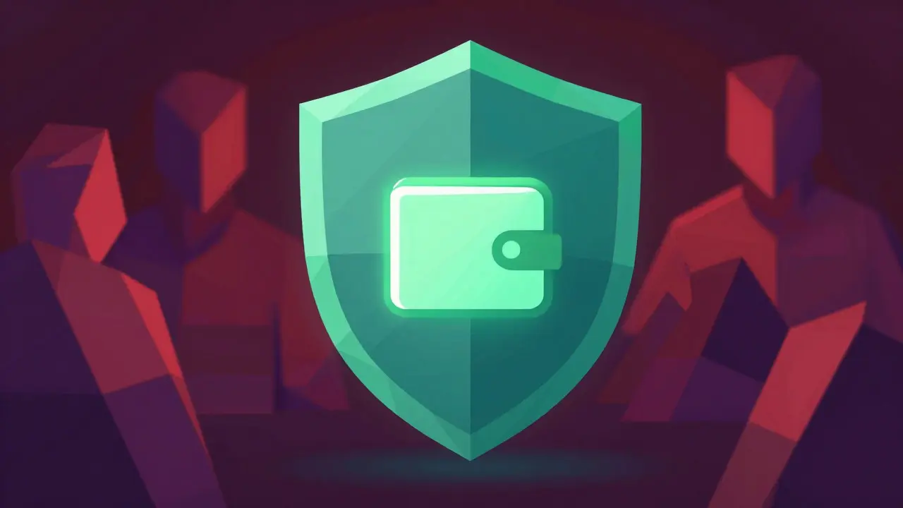 Low poly shield protecting a crypto wallet from red threat shapes