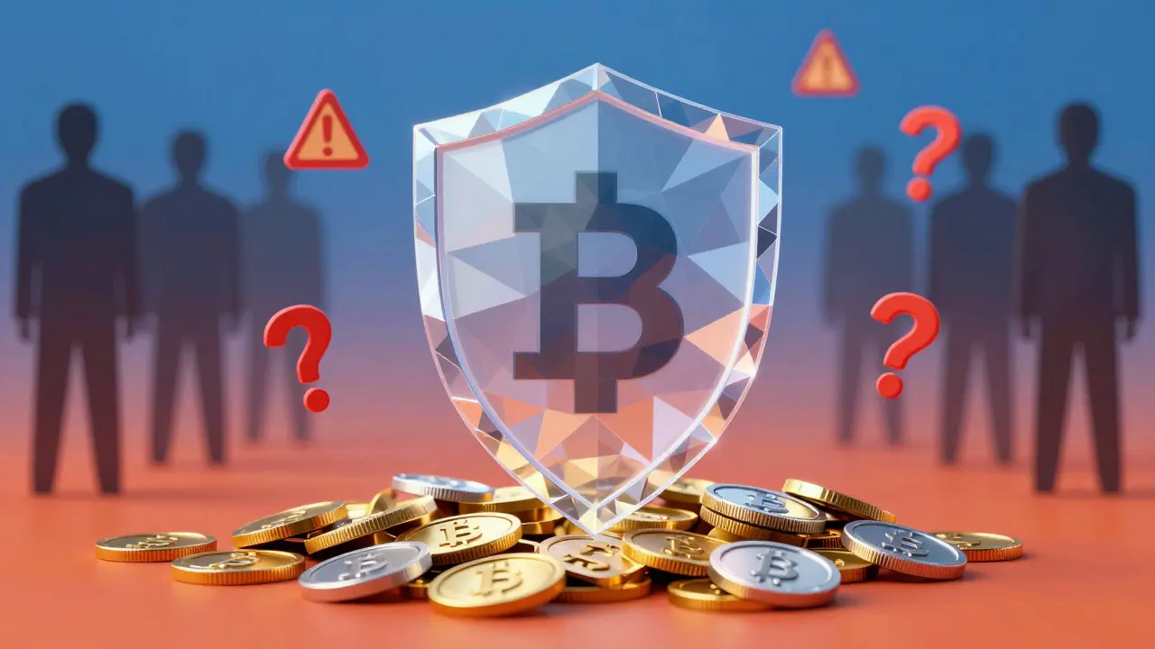 Low poly shield protecting coins with shadowy anonymous figures
