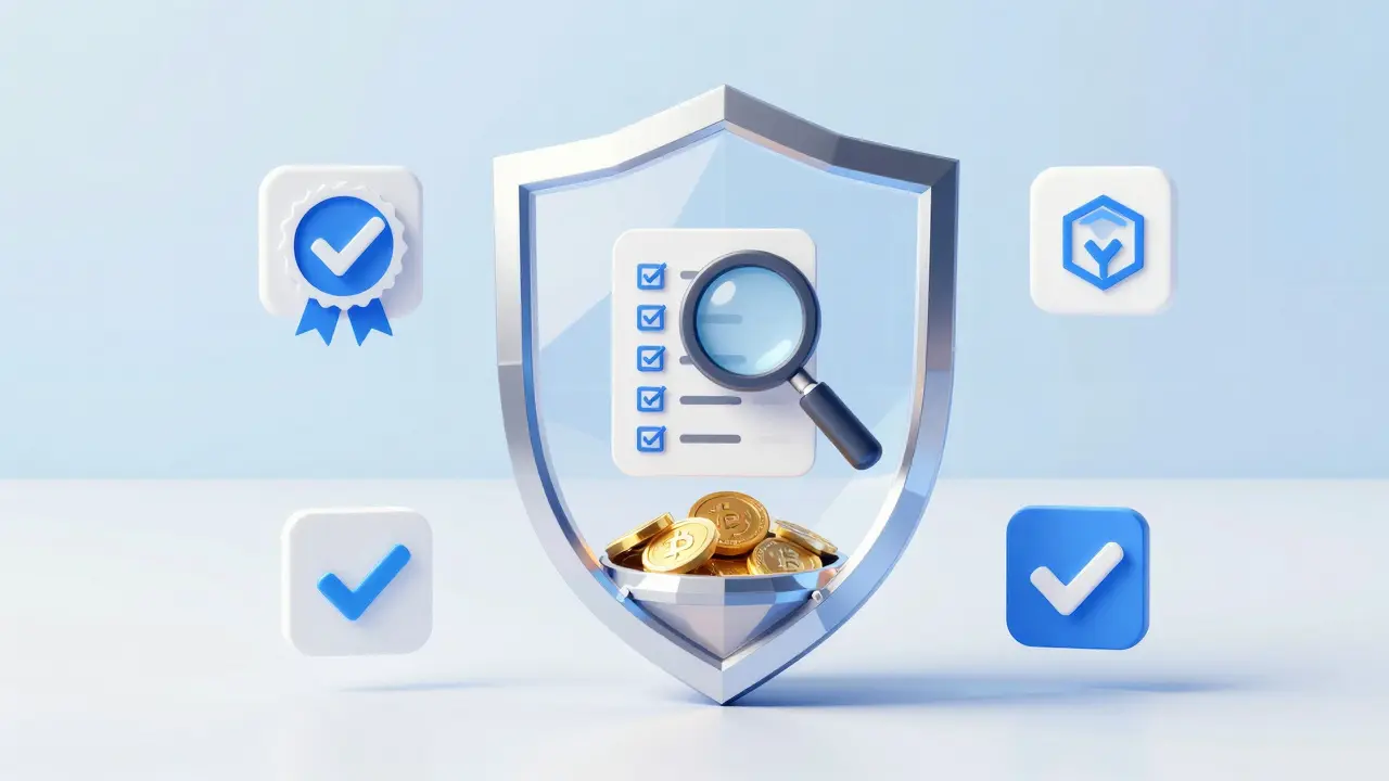 Low poly shield protecting crypto assets with verification icons in a bright setting
