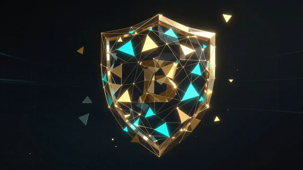 Low poly shield representing Bitcoin network security recovery
