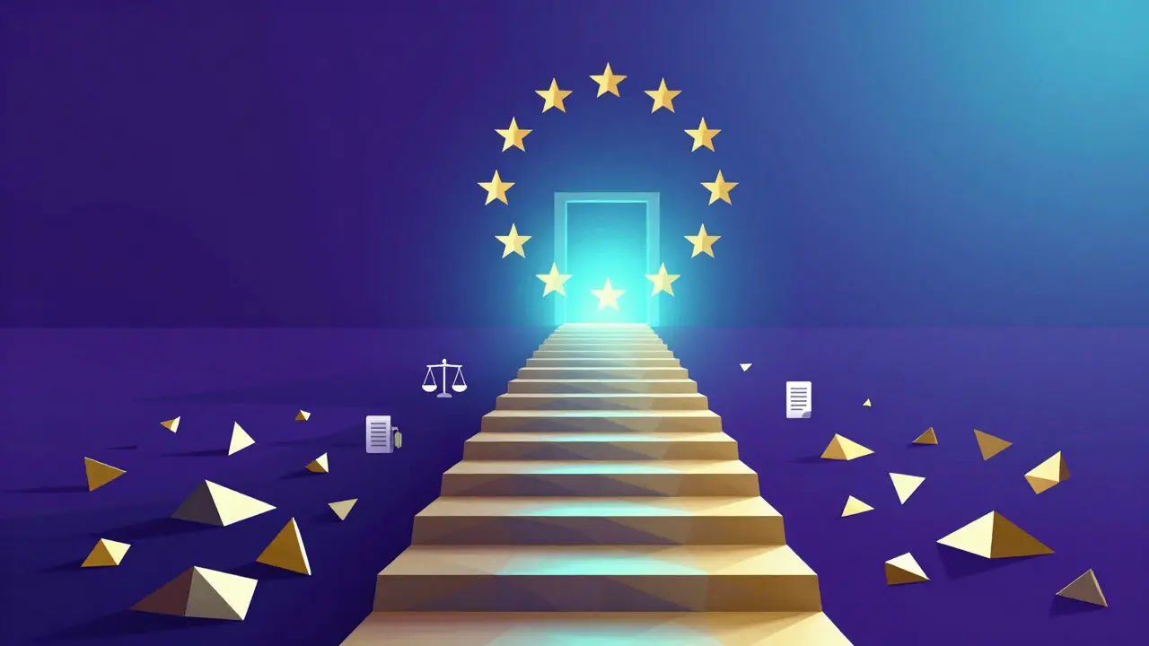Low poly steps leading to a glowing geometric gateway symbolizing regulation