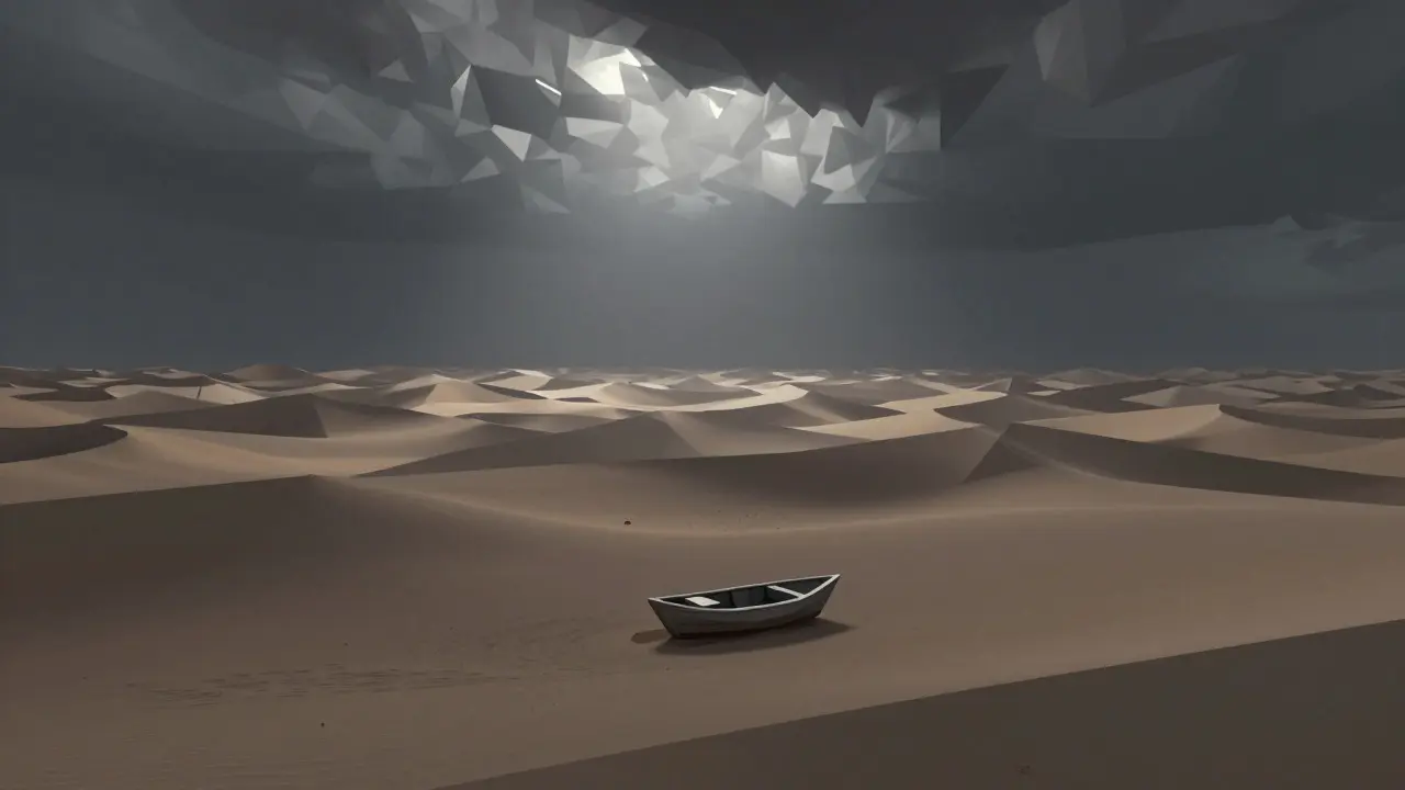 Low poly stranded boat in desert symbolizing low liquidity