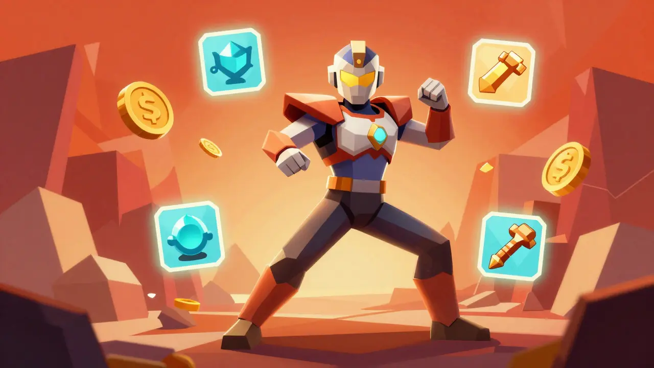 Low poly superhero avatar surrounded by floating game rewards and resources.