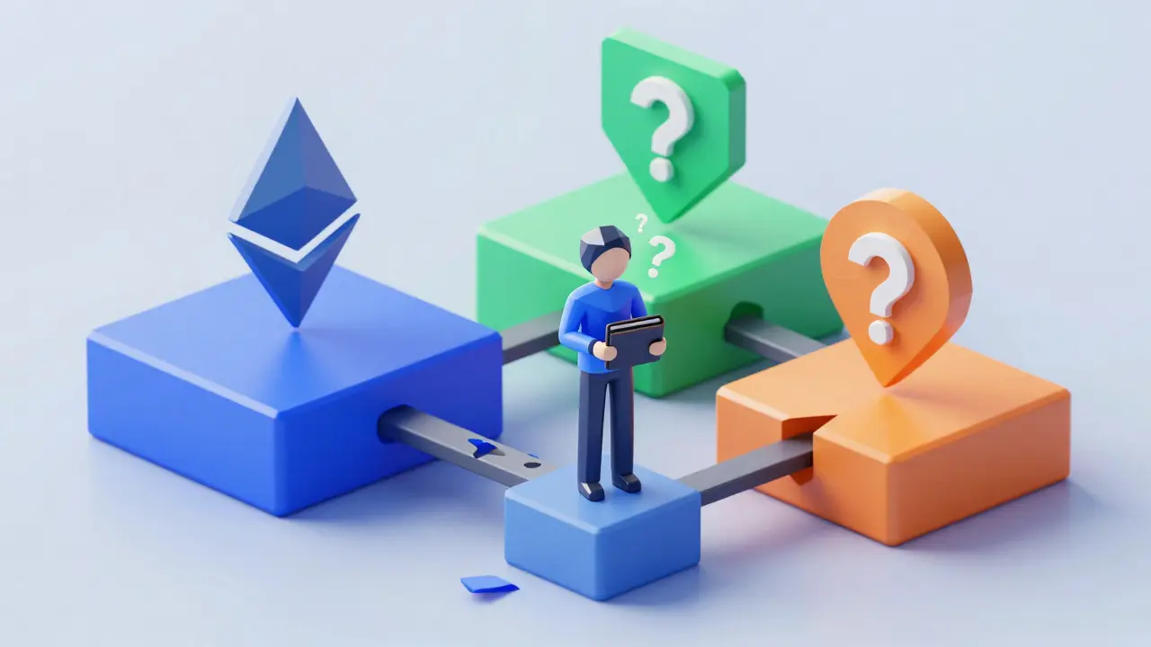 Low poly user confused by three different colored blockchain platforms