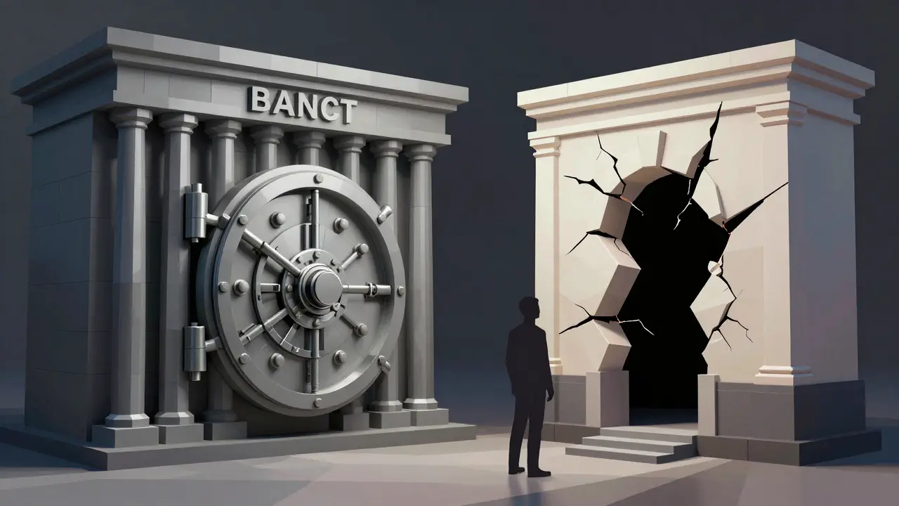 Low poly vault vs fake facade representing scam platforms