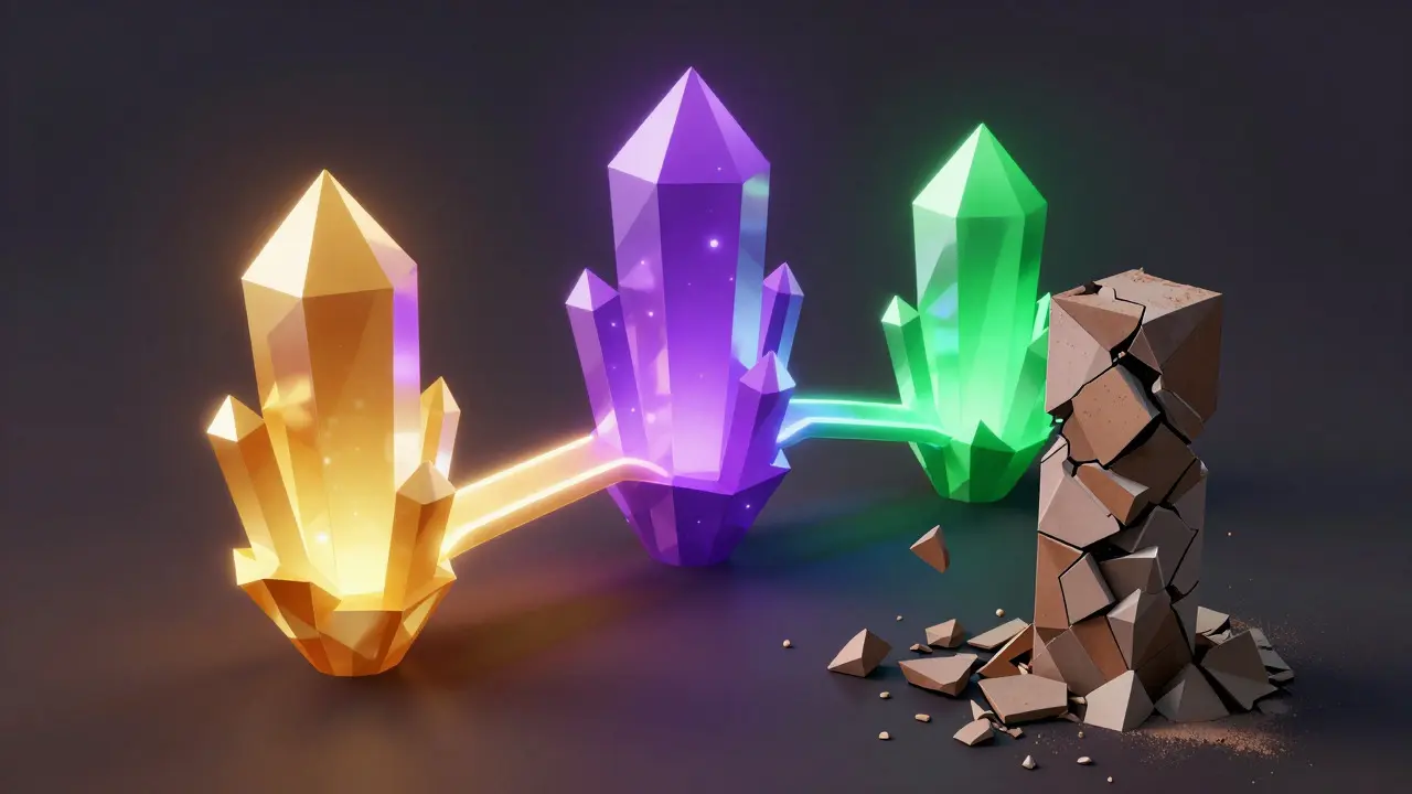 Low poly vibrant crystals vs crumbling pillar representing crypto success