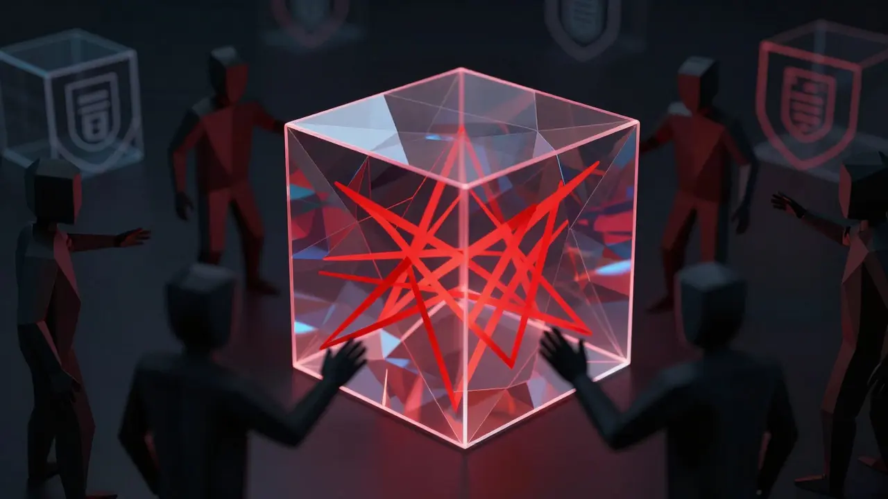 Transparent cube with red chaotic lines and shadows