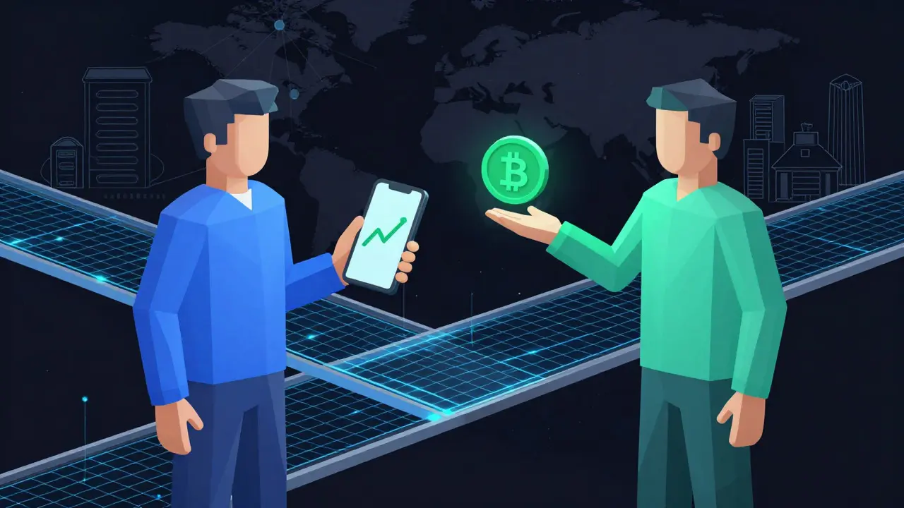 Two low poly figures exchanging crypto over a digital bridge with servers