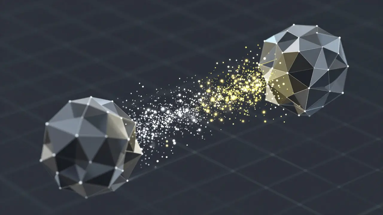 Abstract low poly art showing fast data exchange between two geometric asset clusters