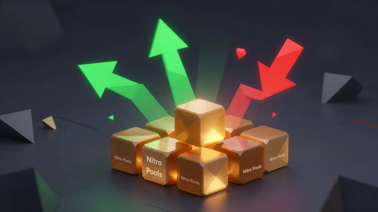 Abstract low poly cubes and arrows illustrating Nitro pools and directional trading fees