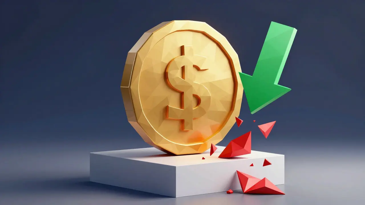 Abstract low poly graphic showing a golden coin and downward arrow symbolizing low fees
