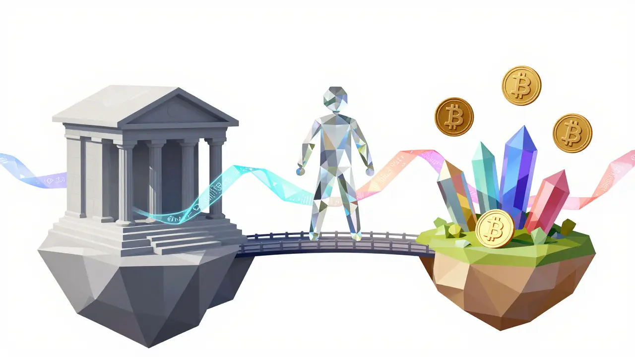 Abstract low poly graphic showing P2P crypto transfers bypassing banks