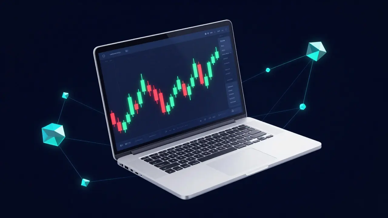 Abstract low poly laptop displaying geometric trading charts surrounded by data nodes