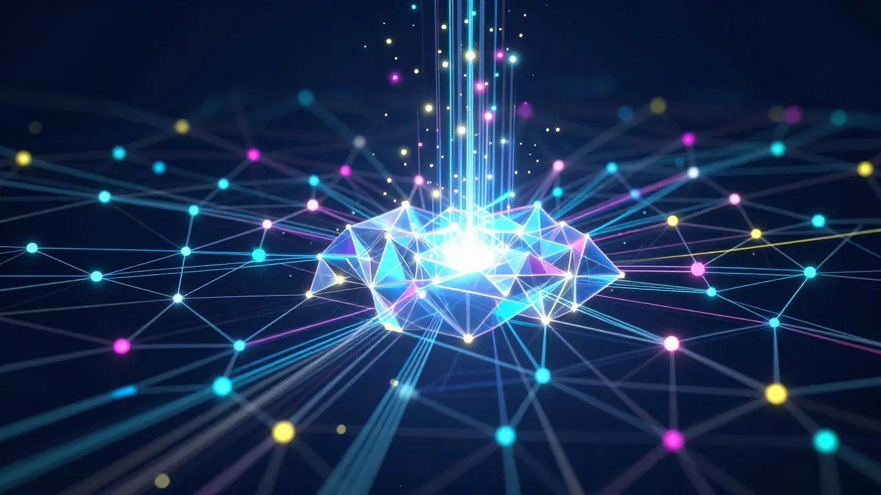 Abstract low poly network of glowing nodes illustrating NFT data aggregation and analytics