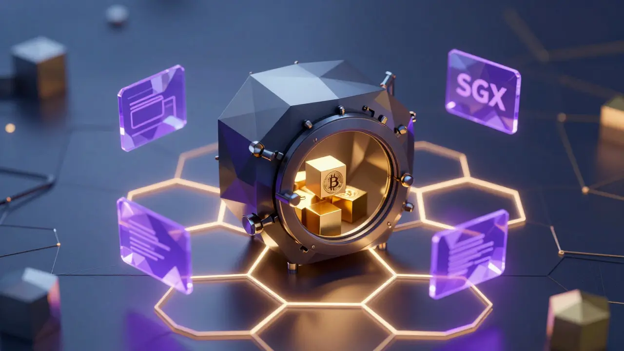 Abstract low poly vault containing gold cubes surrounded by glowing code structures
