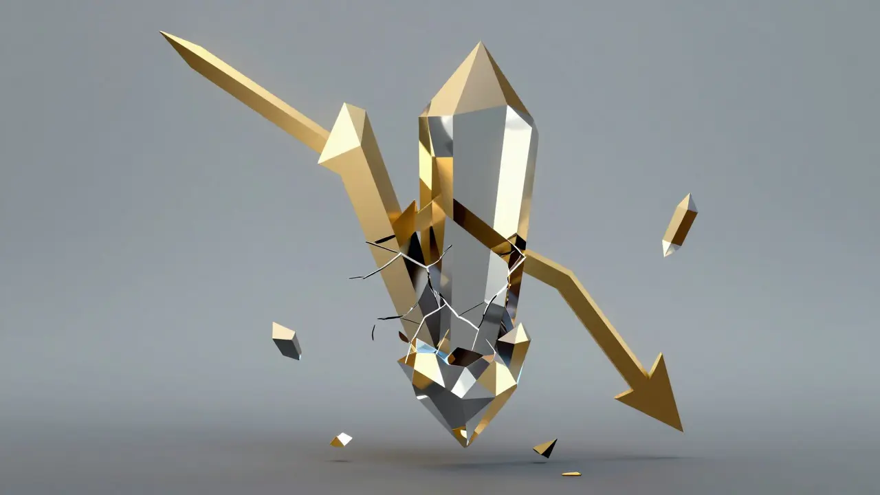 Cracked low poly crystal symbolizing declining token value