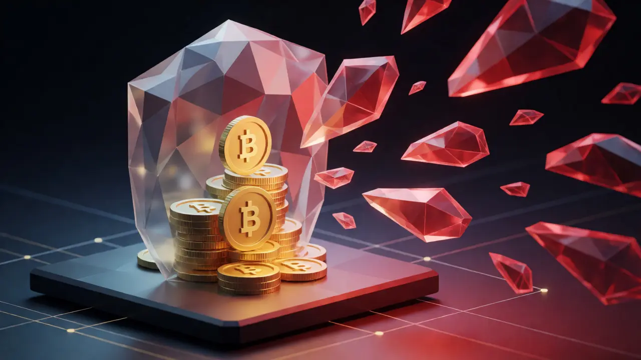 Faceted shield protecting crypto tokens from red geometric threats
