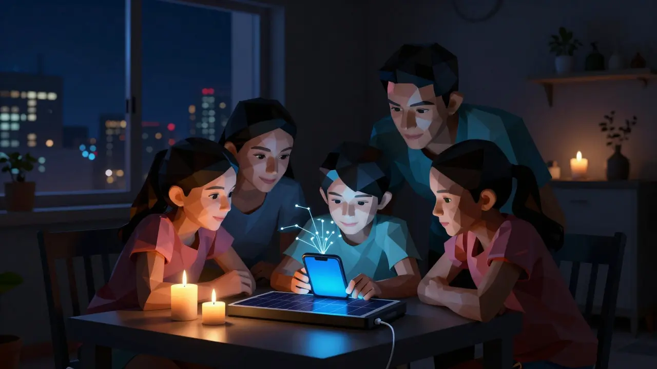Family using smartphone for crypto during power outage in low poly style