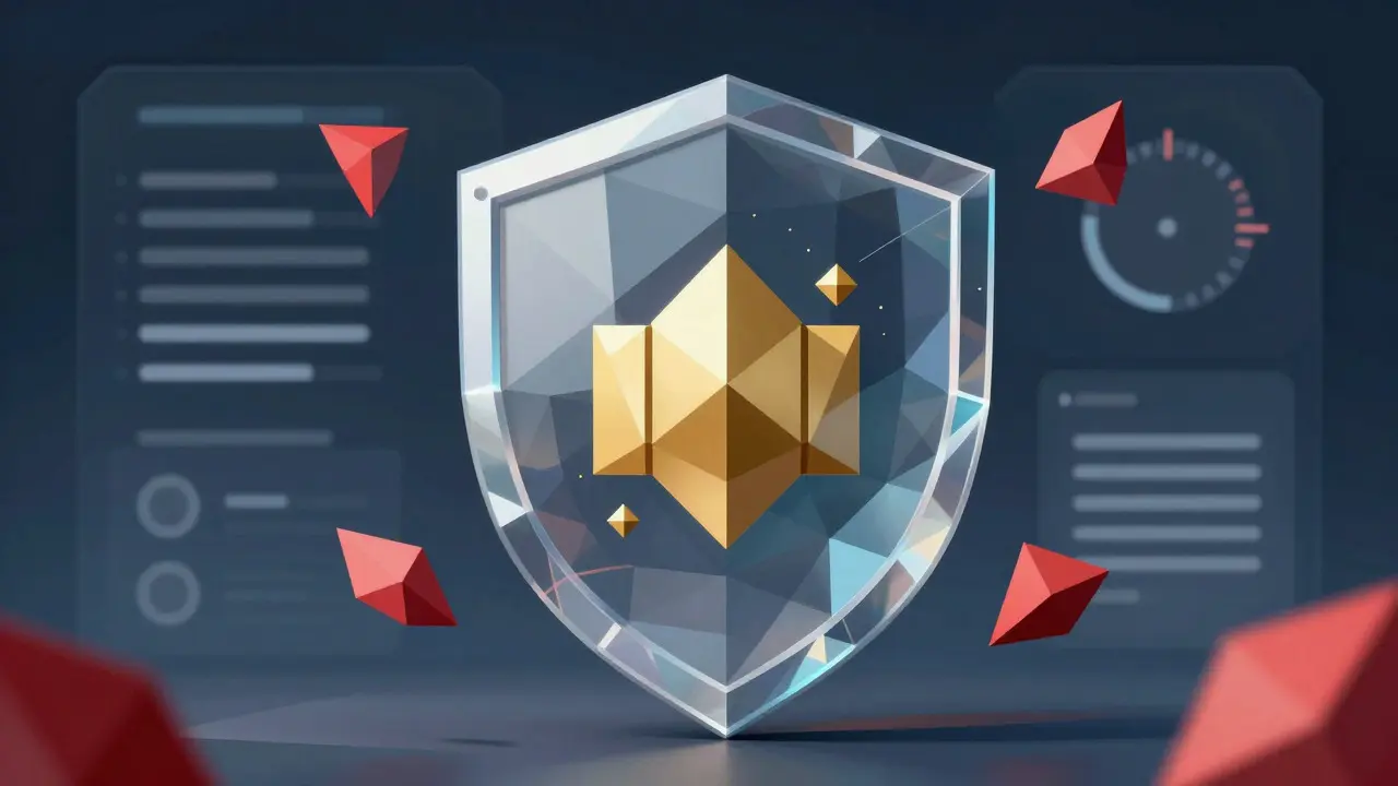 Geometric shield protecting golden assets with red risk elements in a low poly style