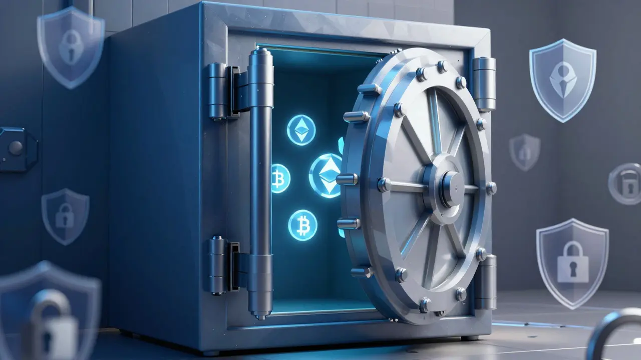 Low poly art of a secure digital vault protecting floating cryptocurrency tokens.