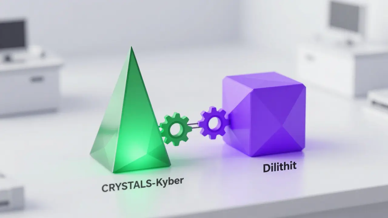Low poly art of Kyber and Dilithium algorithm structures connected in a lab setting