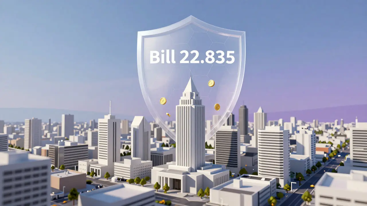 Low poly cityscape with a regulatory shield hovering over buildings