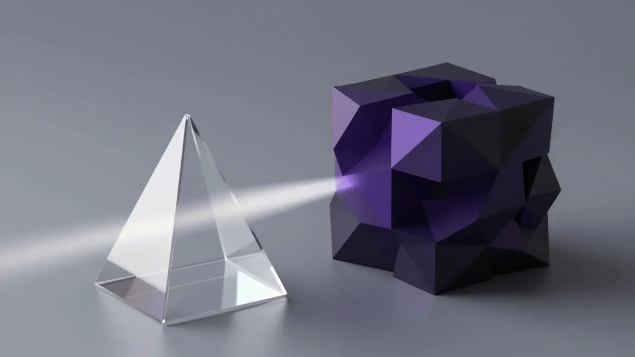 Low poly comparison of a transparent prism revealing data versus an opaque dark block