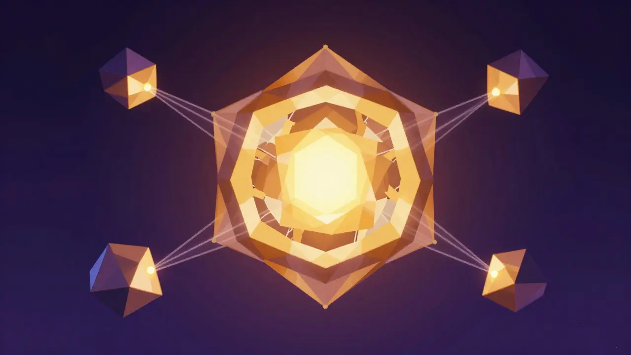 Low poly concept of a glowing geometric core connected to surrounding nodes representing DeFi