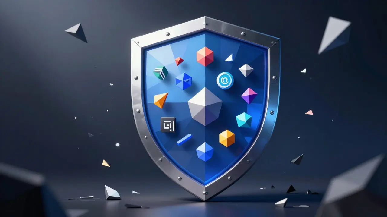Low poly digital shield protecting crypto projects from risk