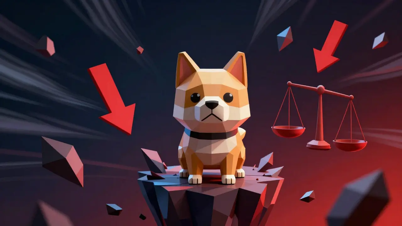 Low poly dog on unstable platform showing crypto market risks
