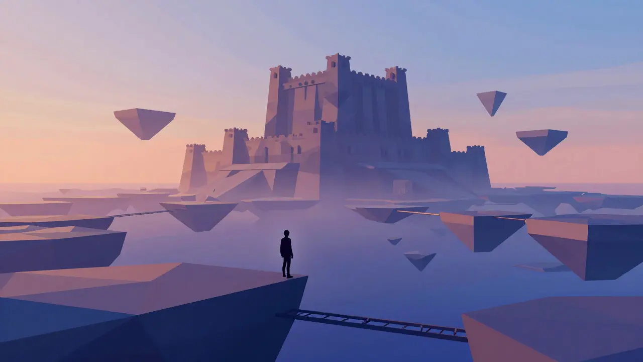 Low poly figure on fragmented digital islands looking toward a large fortress structure