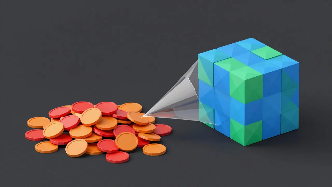 Low poly graphic comparing scattered red coins to a single blue block for gas fee savings
