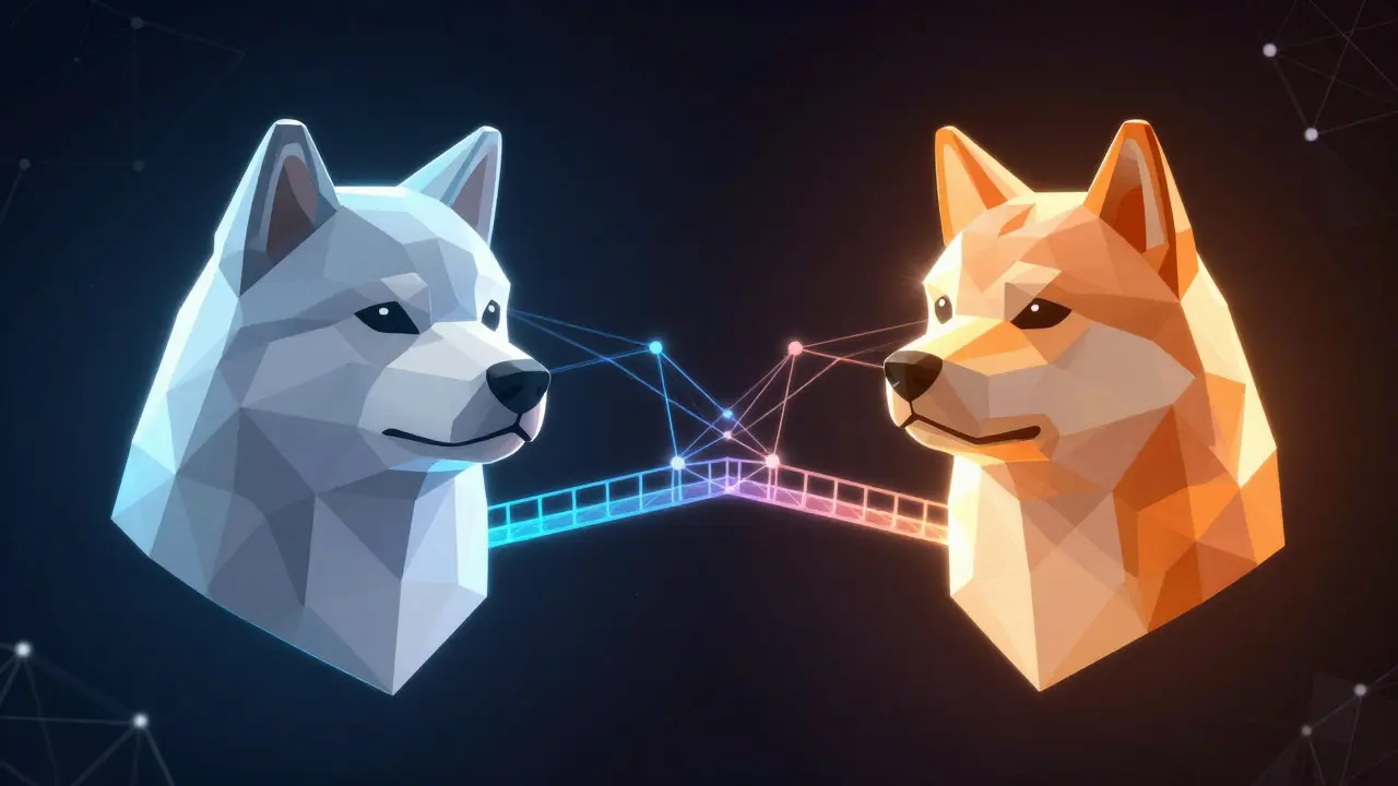 Low poly graphic connecting SHIB and Manyu crypto tokens