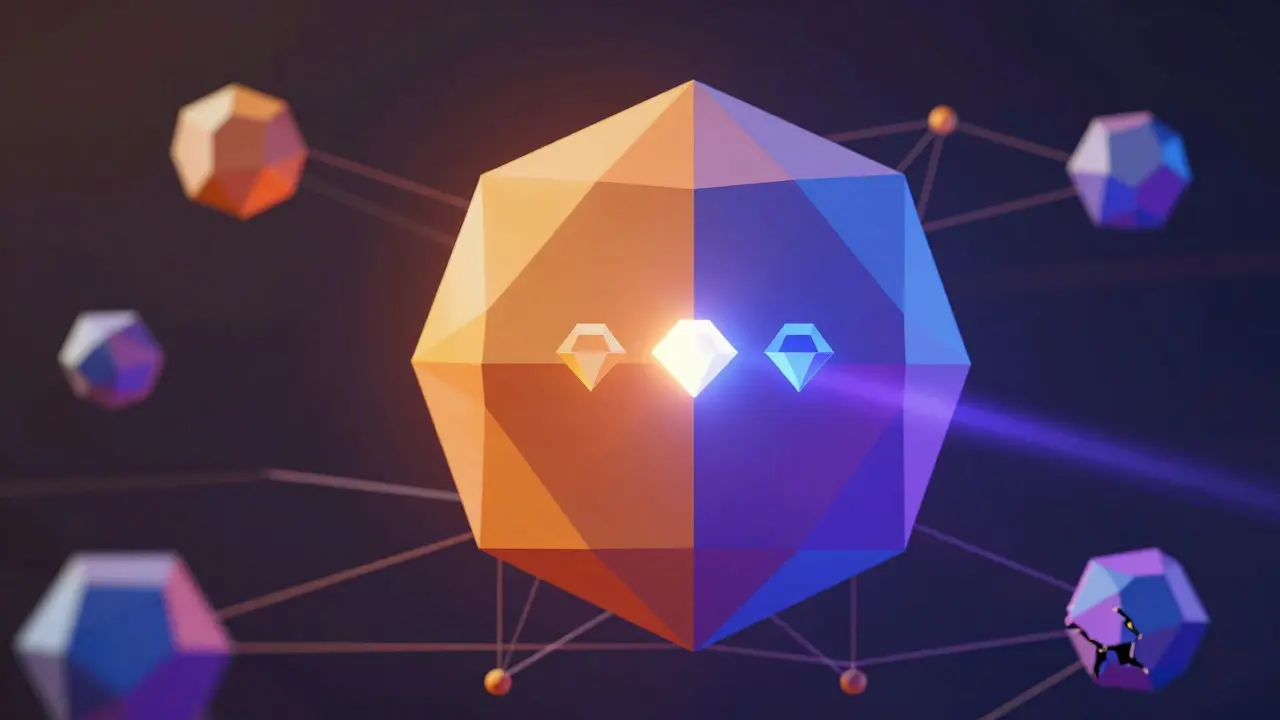 Low poly graphic of a hybrid blockchain node validating dual classical and quantum signatures