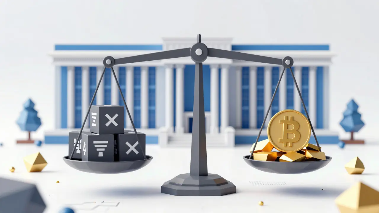 Low poly graphic of crypto taxes vs profits scale