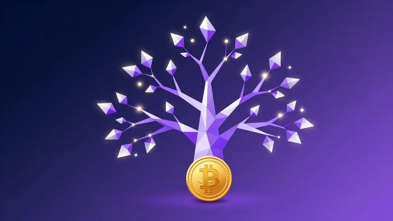 Low poly illustration of a golden coin growing into a branching tree of purple nodes