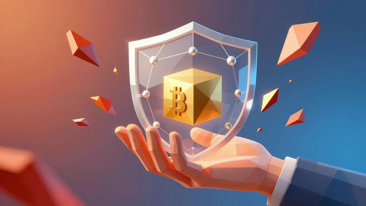 Low poly illustration of a hand protecting digital assets from surrounding cyber threats